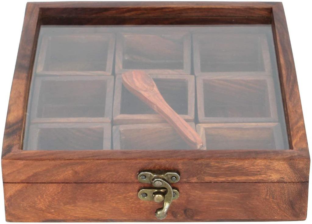 Ajuny Wooden Masala Dabba Indian Spice Box with Glass Lid on Top and