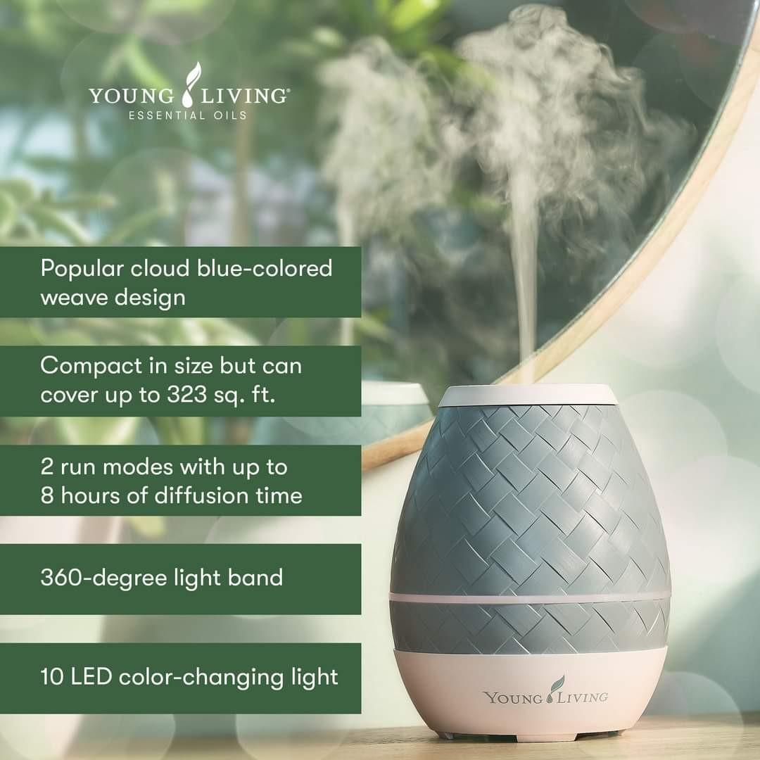 BN and sealed Young Living Sweet Aroma diffuser (Category: Home Fragrance) located in Las Pinas. Submitted by destashmodeon (Listing ID 1133290499, Image 2). Description: Charming and compact, the Sweet Aroma Diffuser is not only space-efficient, but it can also match any decor with its cloud blue-colored weave design. Although crafted to last for years, this diffuser comes with a one year warranty. #YoungLivingPH Fill your home with the scents o