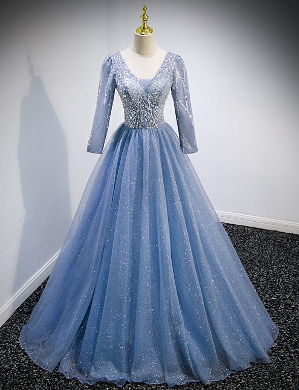 pre order blue long sleeve glitter wedding evening prom dress gown