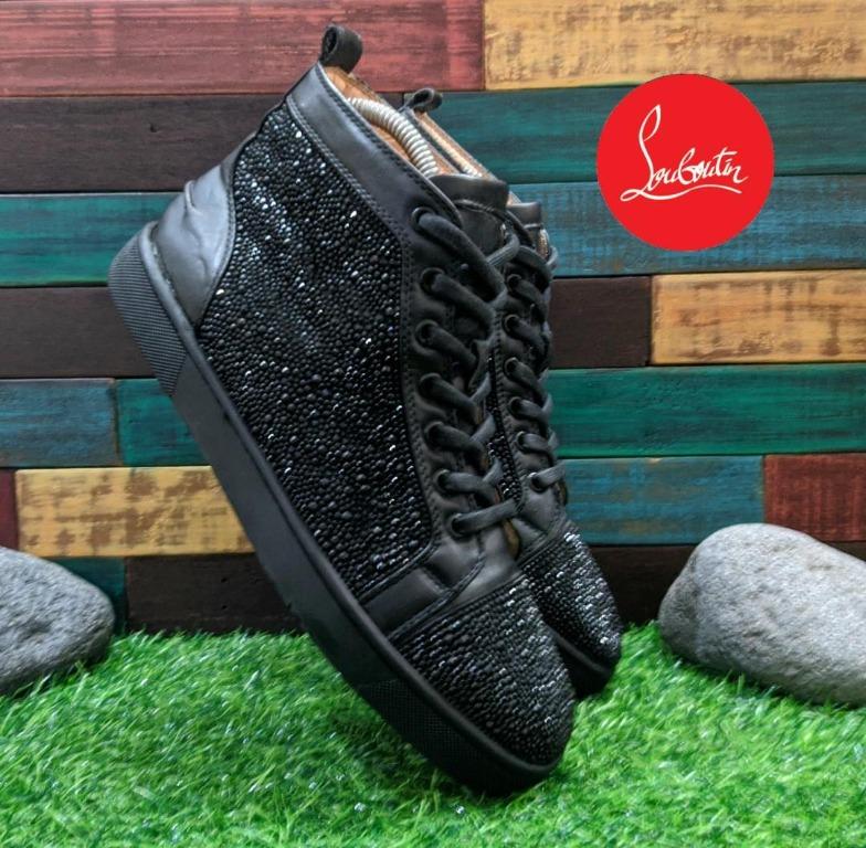 Sepatu Christian Louboutin Sneakers Black Leather Diamond High Size 41