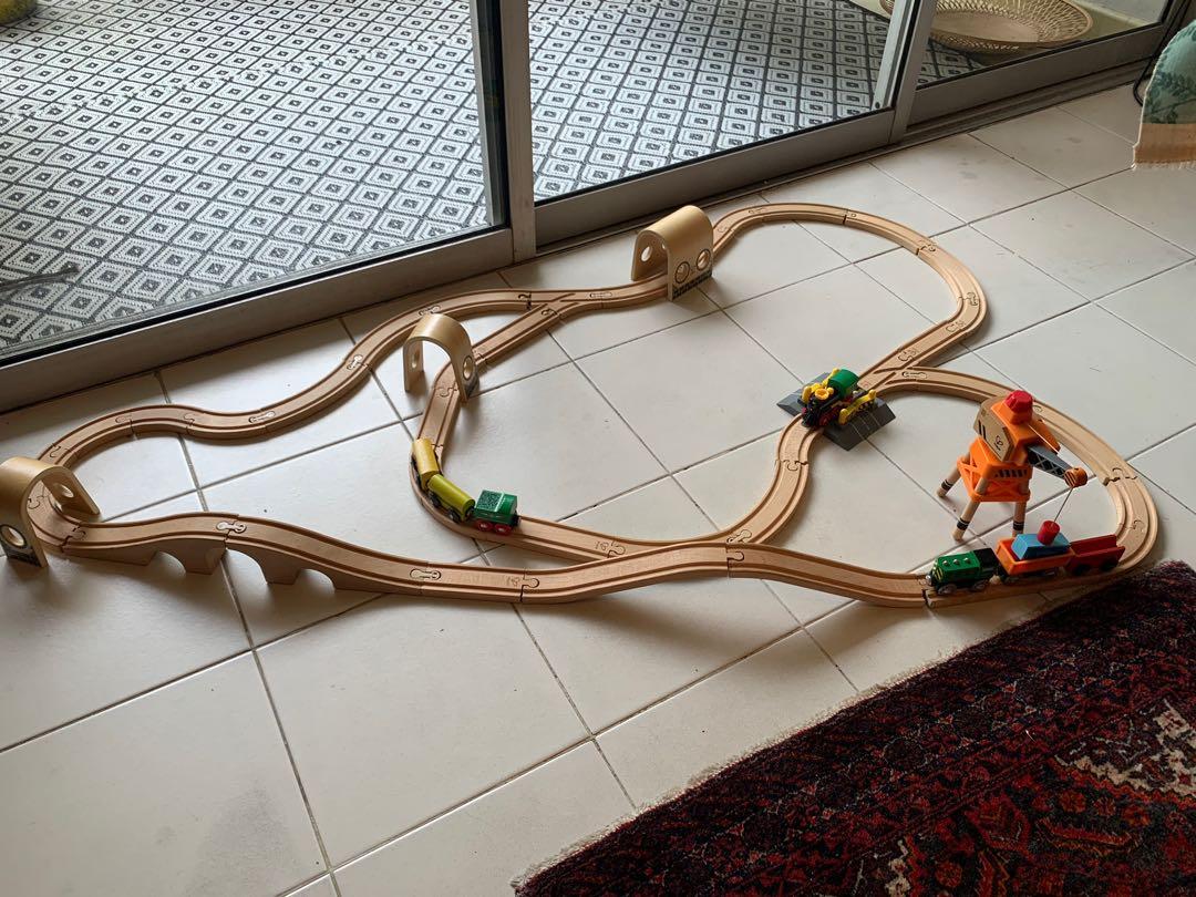 Wooden train set. Brio, Hape and IKEA trains, tracks, bridges and