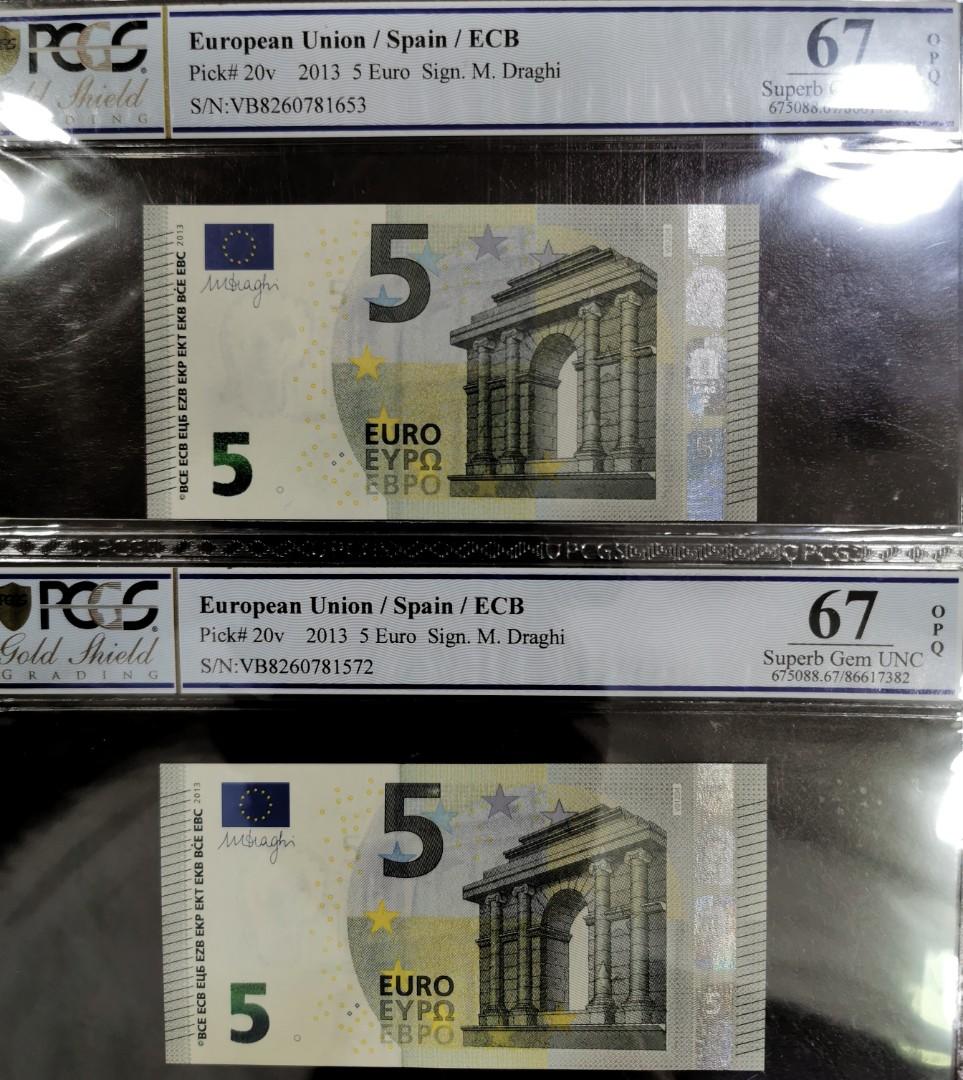 2x 2013 European Union / Spain / ECB - 5 Euro, Sign M. Draghi, PCGS 67 OPQ,  Hobbies & Toys, Memorabilia & Collectibles, Currency on Carousell
