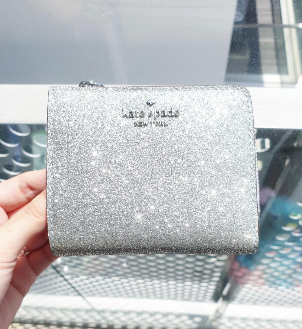 Kate Spade Joeley Small Bifold Glitter Sparkly Wallet Silver Color receipt and gift box included