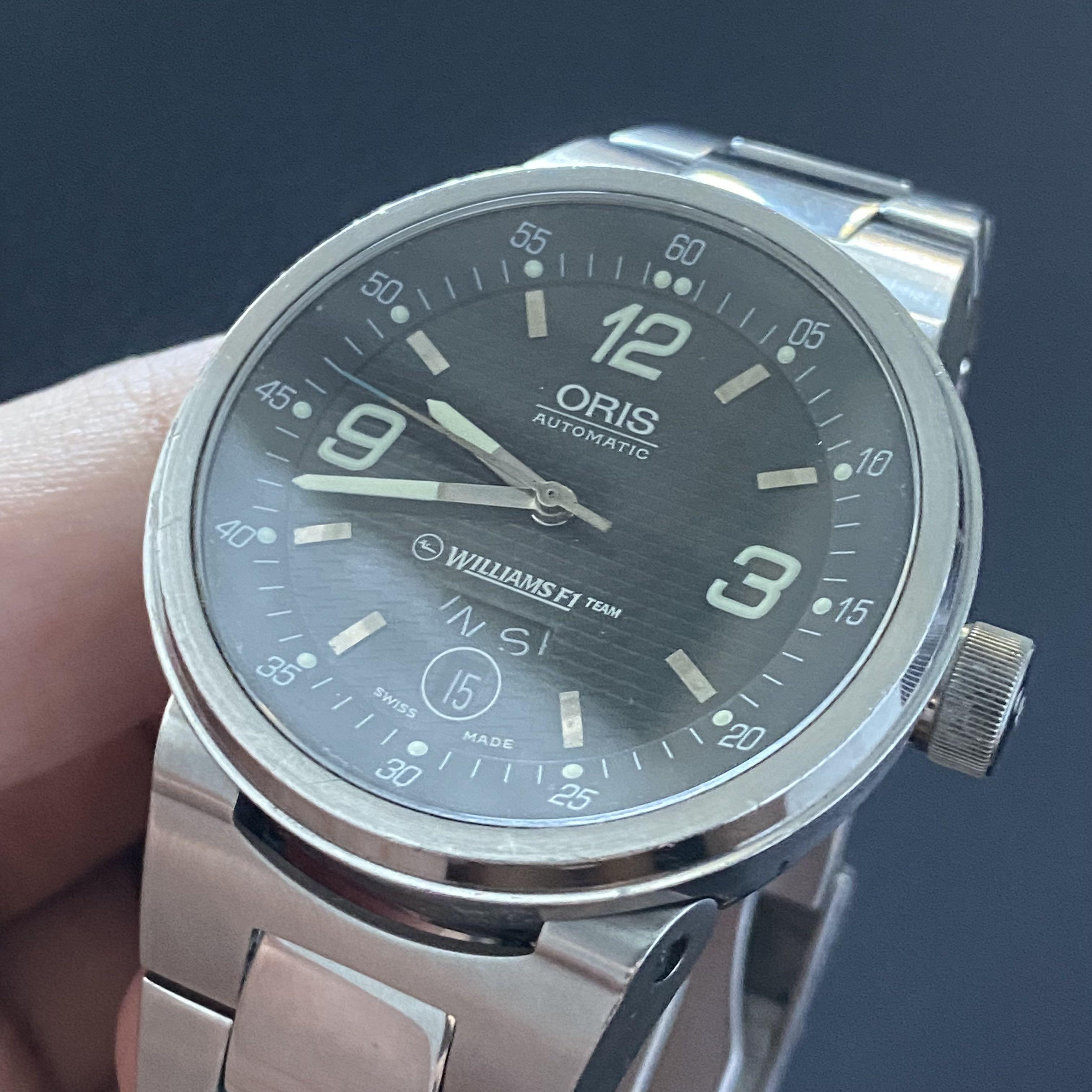 ORIS Williams F1 Team Automatic Watch (Category: Men's Watches) located in Manila. Submitted by baywatchesph (Listing ID 1133468922, Image 2). Description: Pre-owned ORIS Williams F1 Team Watch 8/10 - Good condition, excellent movement. Automatic movement 40.5mm case size Day-date display at the 6 o’clock position Luminous hands and markers Water resistant to 50m Sapphire crystal glass All stainless steel Swiss made See to appreciate, Meet-up by 