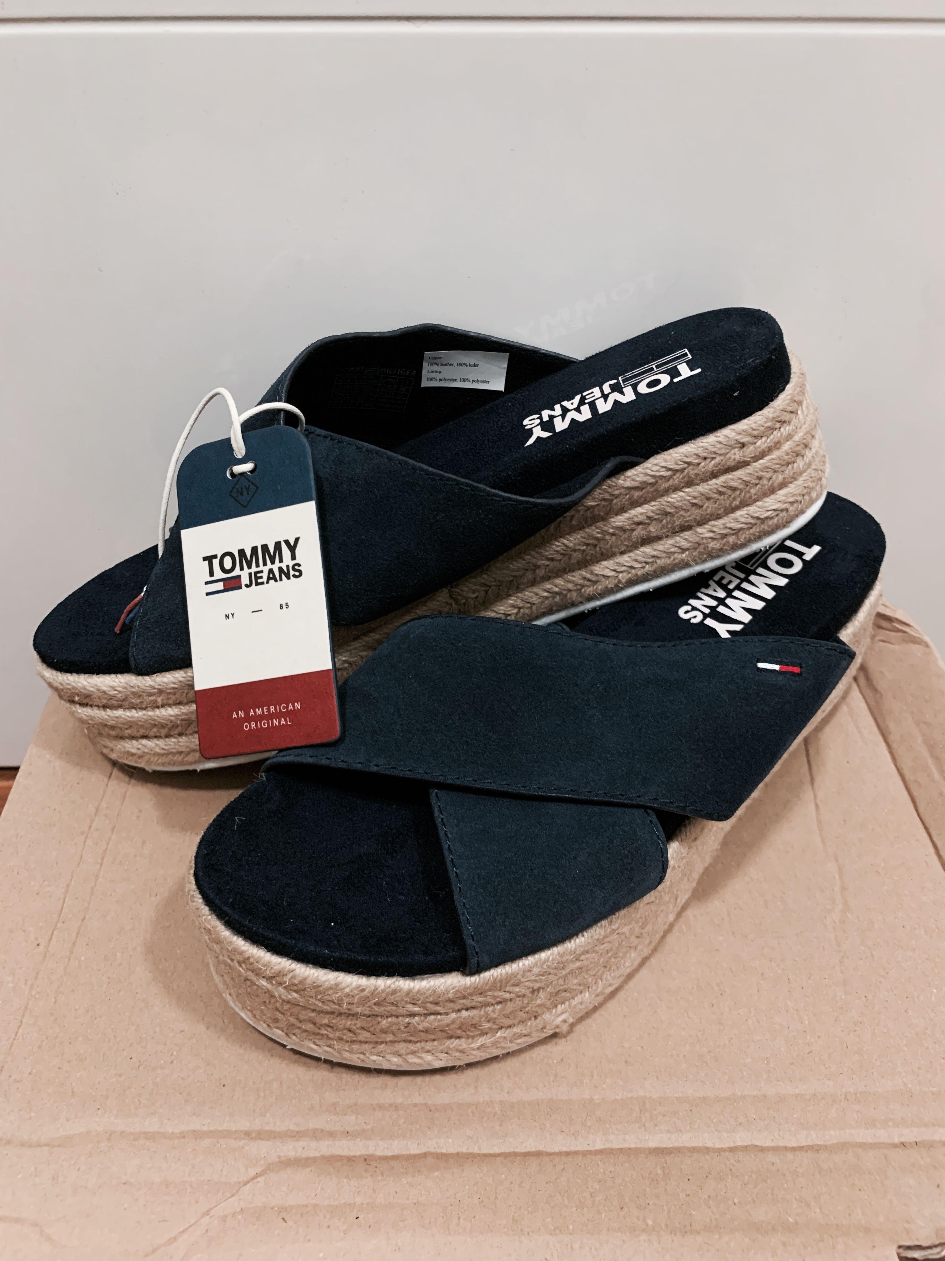 Tommy Hilfiger Criss Cross Platform Sandals Straw Navy