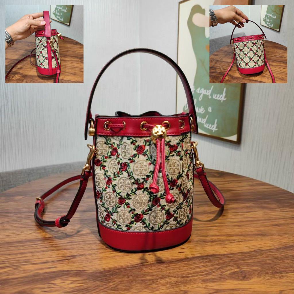 TORY BURCH T Monogram Embroidered Mini Bucket Bag 87062 Hazelnut, Women's  Fashion, Bags & Wallets, Cross-body Bags on Carousell