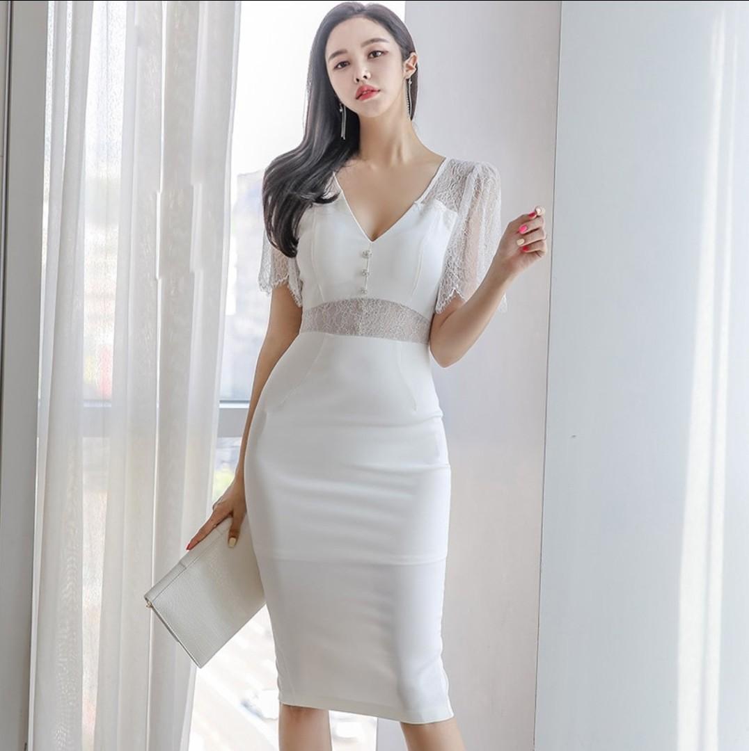 White Lacey Lace Smooth Dress OL Office Work Dinner Wedding Date