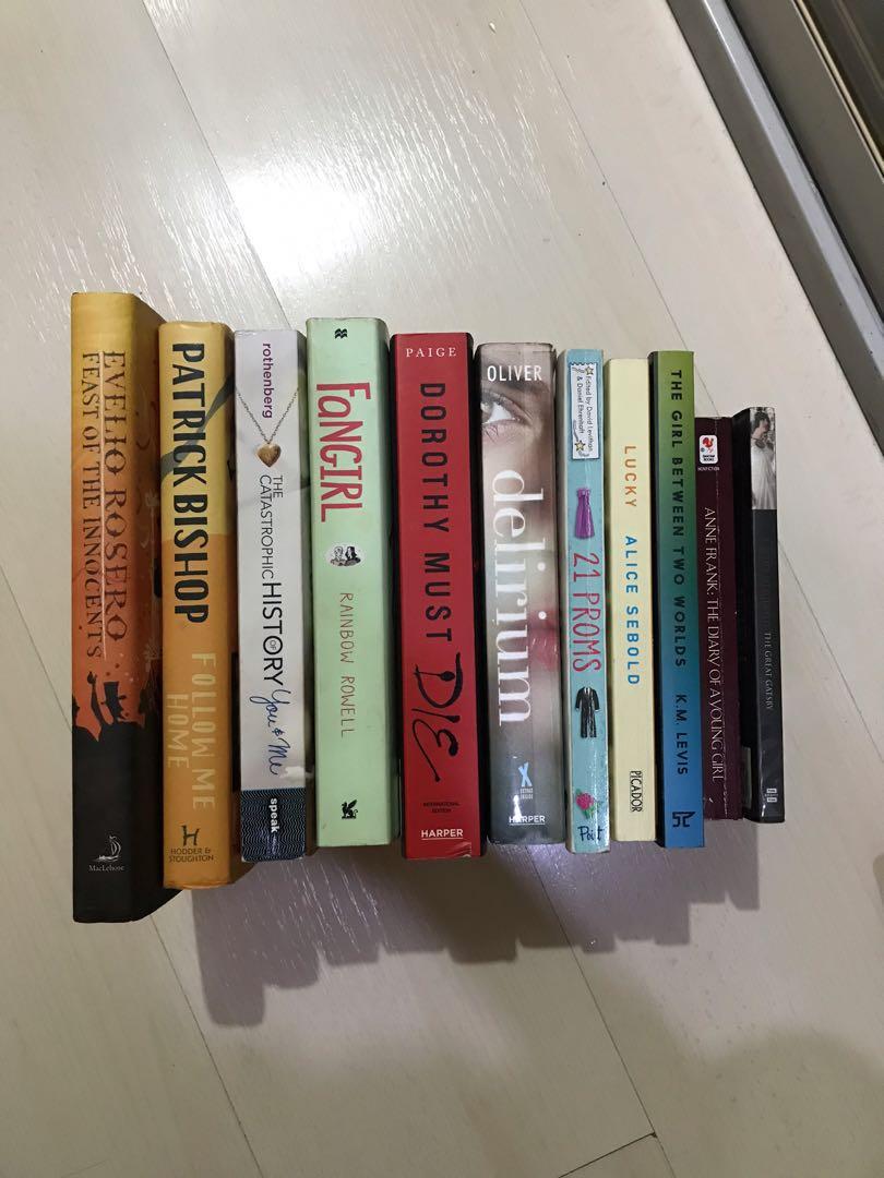 11 BOOKS SET (Category: Storybooks) located in Quezon City. Submitted by klagow (Listing ID 1133667433, Image 1). Description: Price is for the WHOLE SET (all 11 books), I made the price Books included: - Feast of the Innocents by Evelin Rosero [Hard Bound, Winner of English Pen Award] - Follow Me Home by Patrick Bishop [Hard Bound] - The Catastrophic History of You and Me by Jess Rothenberg - Fangirl by Rainbow Rowell [New York Times Best Sellin
