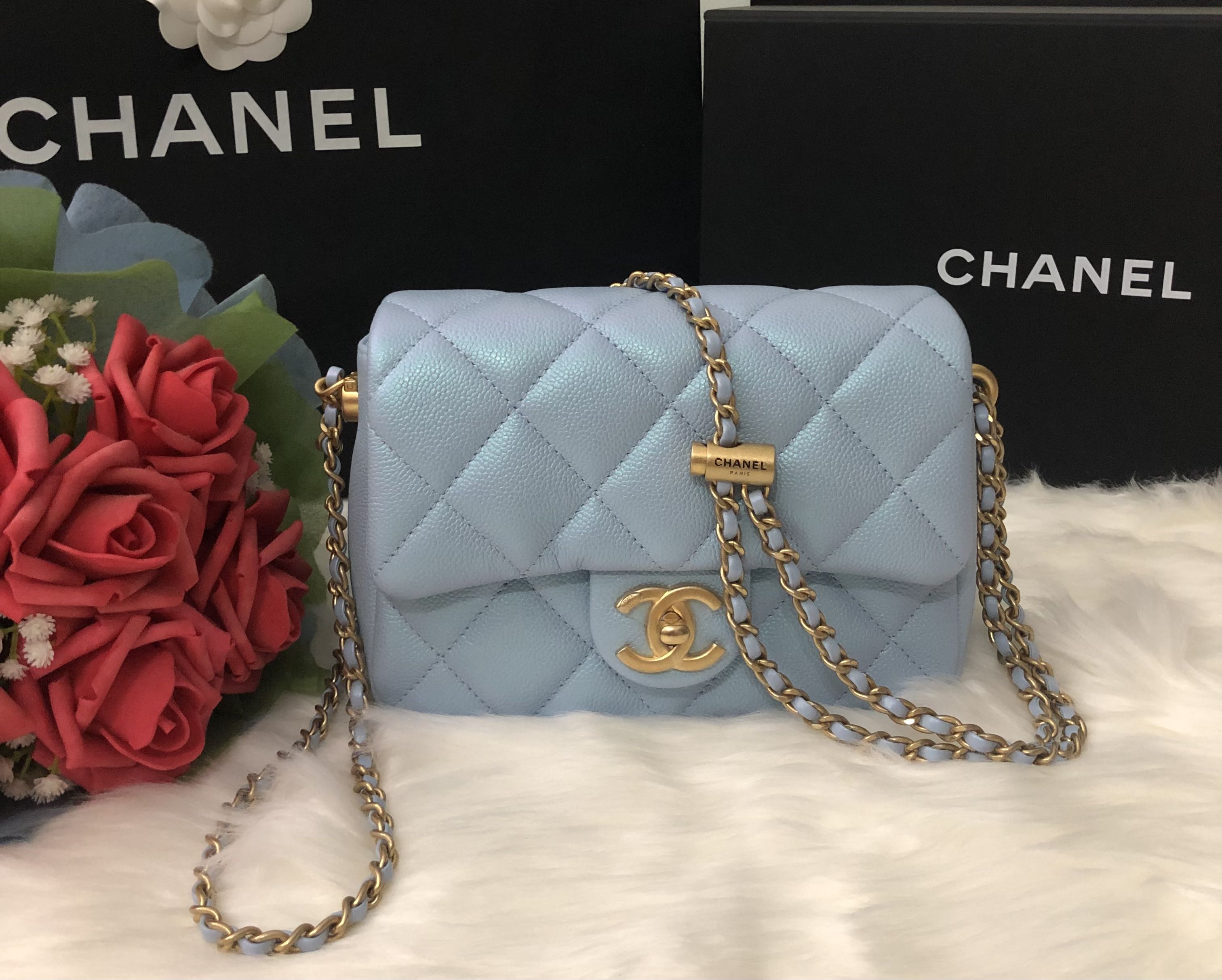 Chanel 21K Mini Flap Iridescent Blue Caviar , Luxury, Bags