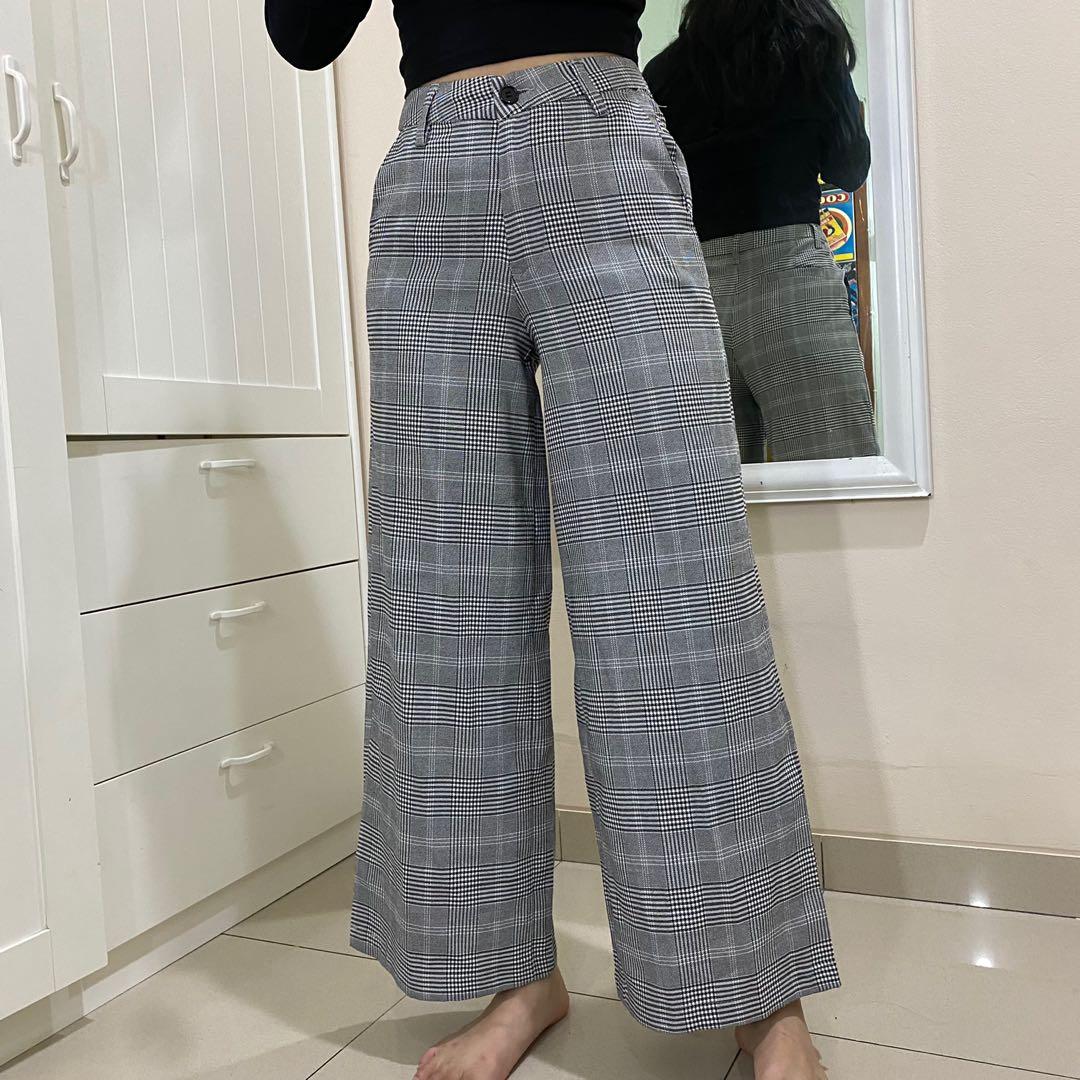Bershka Tartan Pants Wide-leg, Fesyen 