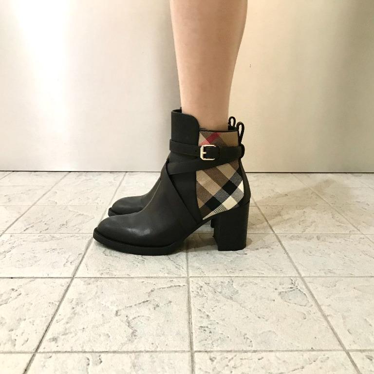 Burberry women's vaughan vintage check shop y leather block heel booties