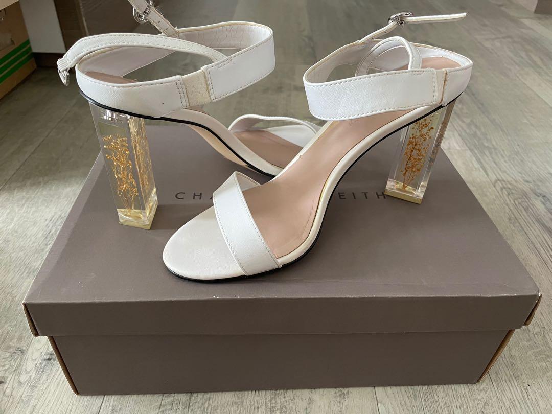 Charles and Keith Floral Lucite Heel Sandals White 36