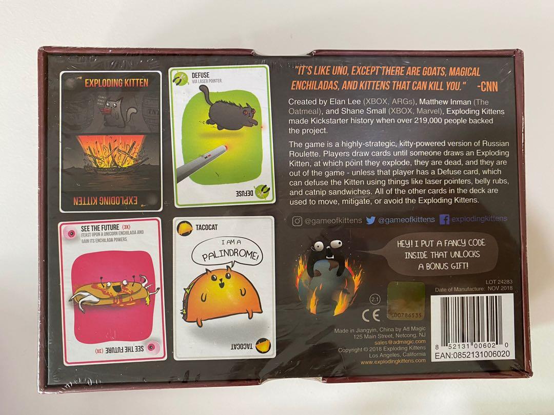 Exploding kittens card game (Category: Board Games & Puzzles) located in Singapore. Submitted by shao_an (Listing ID 1133663042, Image 2). Description: Exploding kittens card game. Brand new still sealed. Received as Xmas present but we have one set already. .
