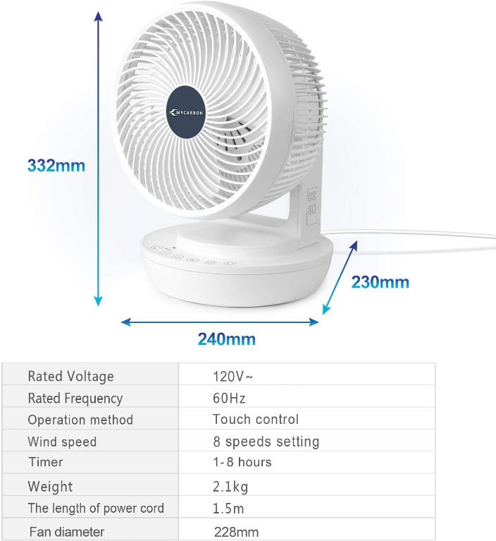 J016) MYCARBON Quiet Air Circulator Fan DC Motor Desk Fan Auto