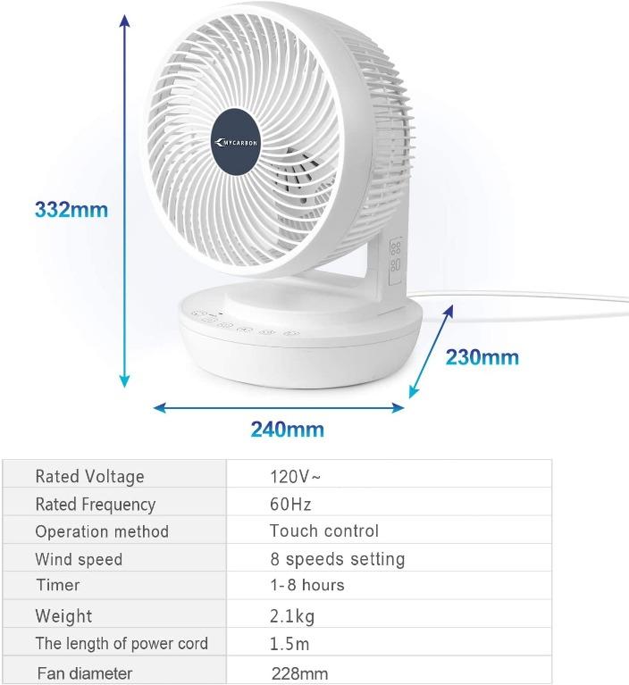 J016) MYCARBON Quiet Air Circulator Fan DC Motor Desk Fan Auto