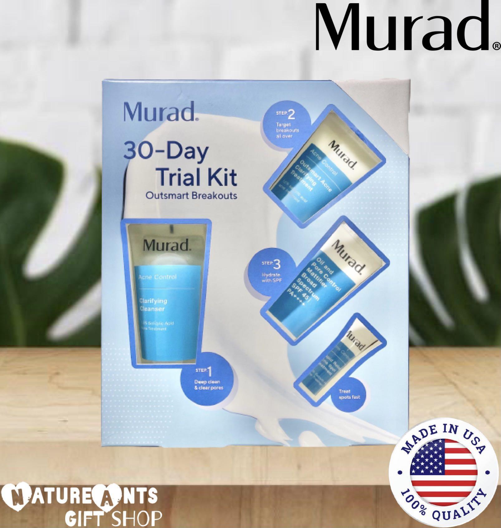 [MURAD] 30 Day Trial Kit in OutSmarting Breakouts (Category: Face Care) located in San Juan City. Submitted by natureantsshops (Listing ID 1133690445, Image 1). Description: ON-HAND 4 in 1 (30 Day Trial Kit)!!!! Brand New Condition 100% Authentic and Excellent Quality FROM U.S.A. Step 1: Deep Clean and Clear Pores • CLARIFYING CLEANSER • Volume [mL]: 60 mL Acne Control 1.5% Salicylic Acid Acne Treatment Step 2: Target Breakouts all over • OUTSMAR
