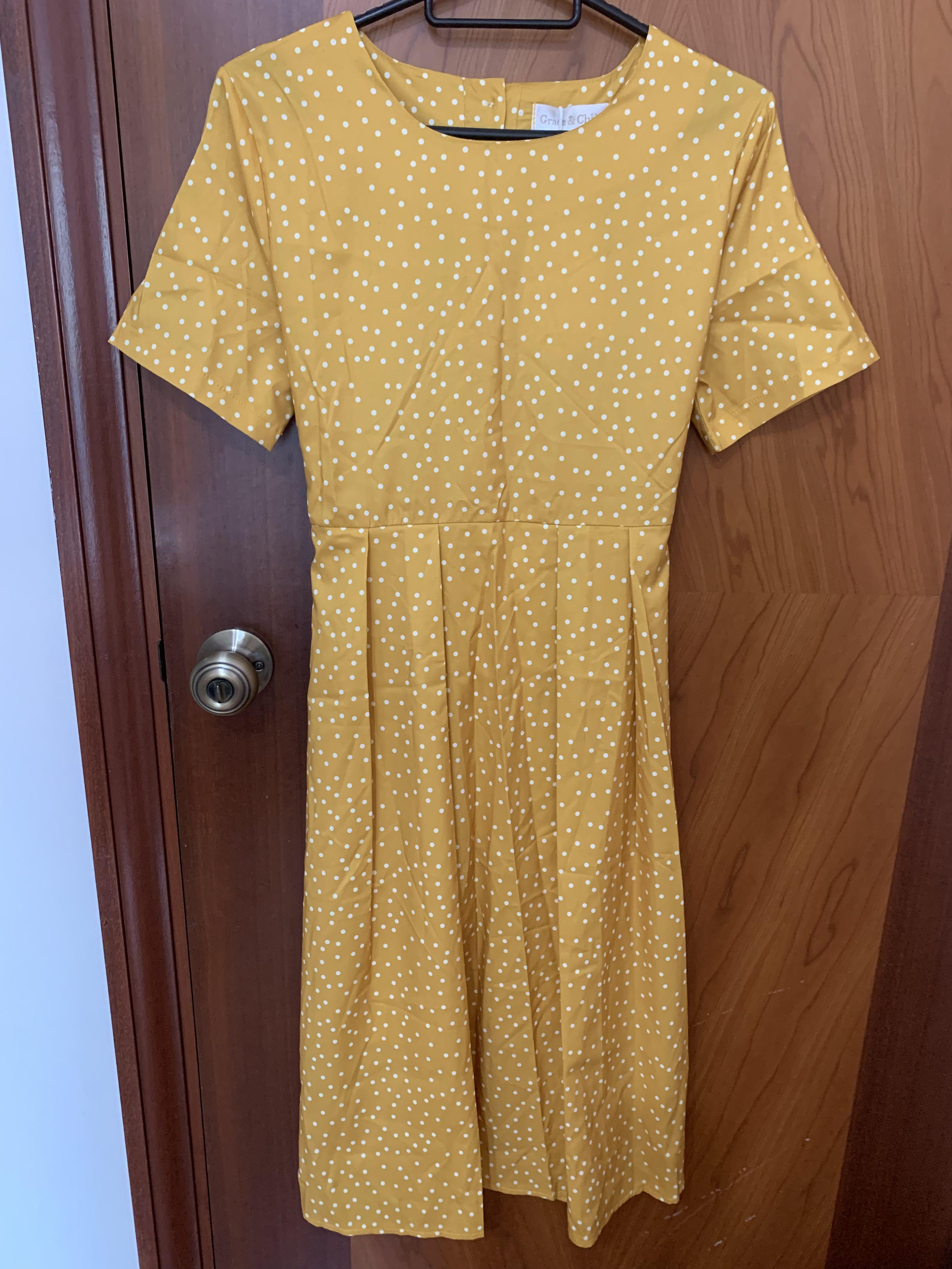 Mustard yellow polka dot midi dress, Women's Fashion, Dresses & Sets