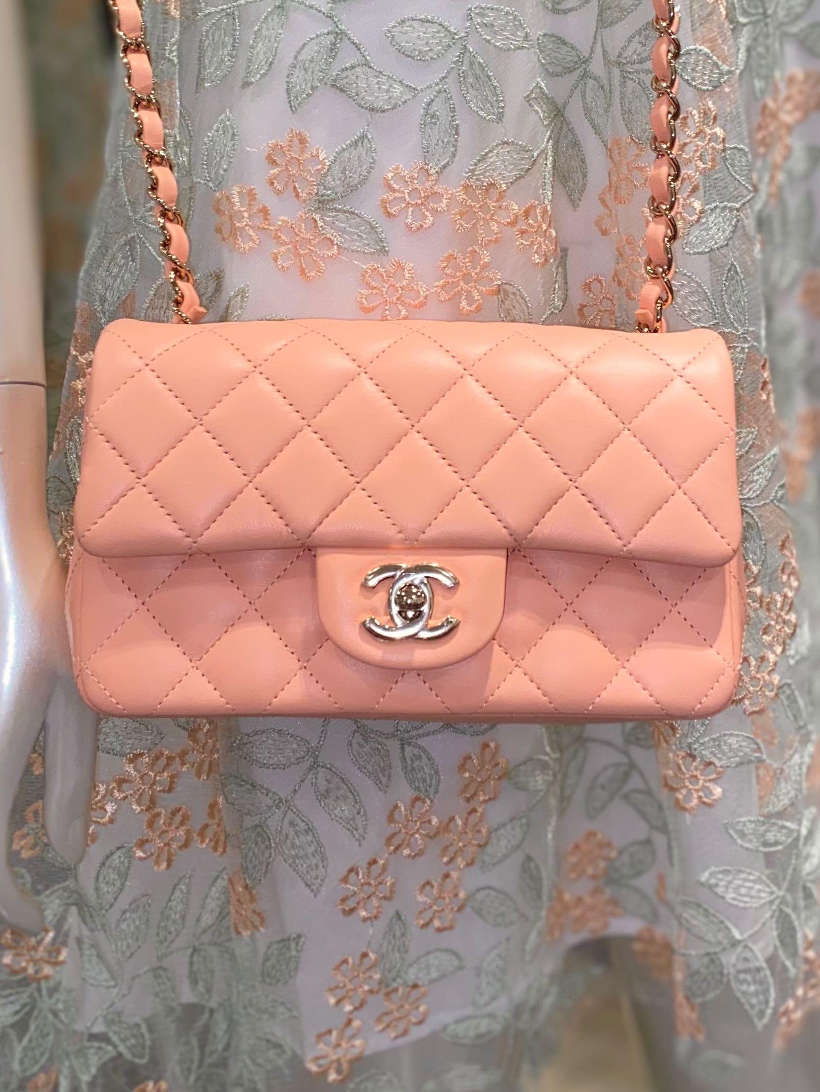 New Chanel 22C mini rectangle rectangular bag classic flap gold hardware  lghw pink peach beige light orange lambskin leather handbag purse logo coral