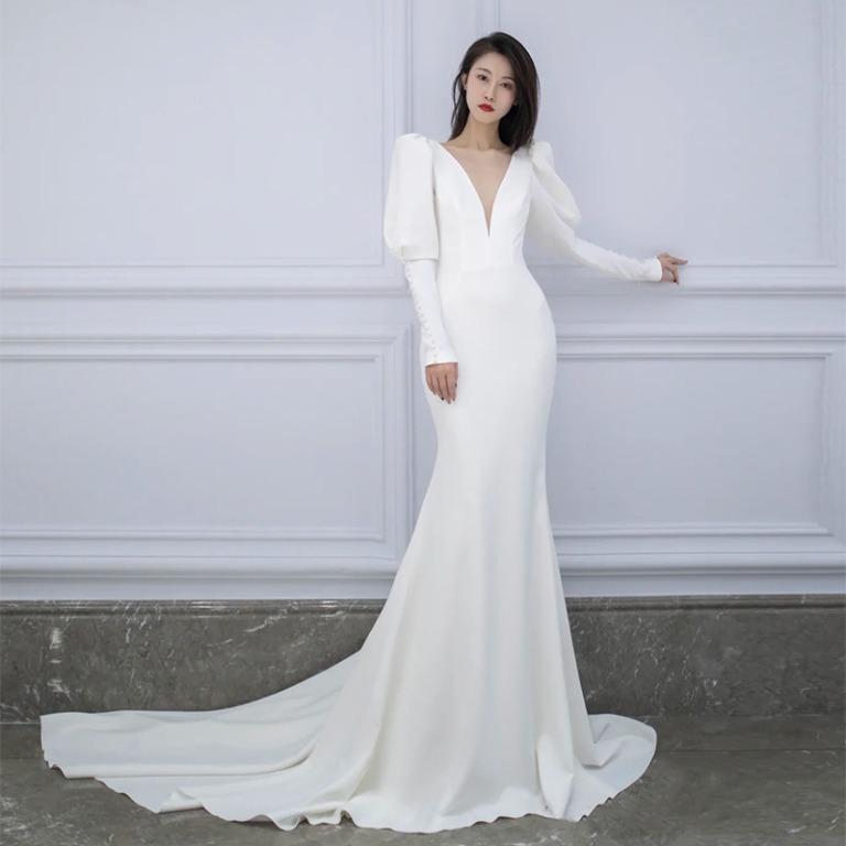White long sleeve fishtail dress new arrivals