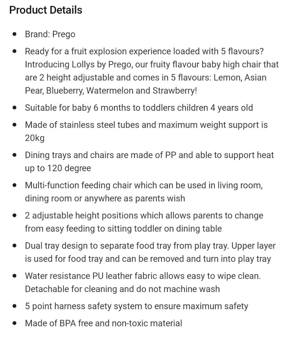 Prego Kids High Chair, Babies & Kids, Baby Nursery & Kids Furniture