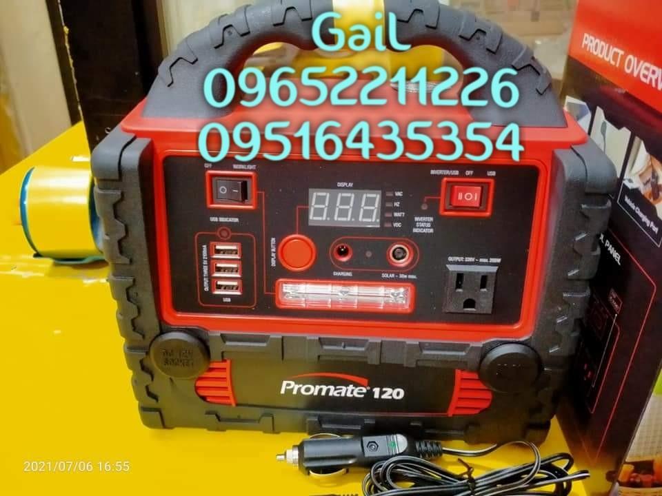 PROMATE 200W Rechargeable Powerstation / Solar Power Ready (Category: Construction Tools & Equipment) located in Caloocan City. Submitted by abieghail (Listing ID 1133618600, Image 2). Description: PROMATE 200W Powerstation / Inverter Generator (120S) Technical Specification: Model: 120S Inverter: 200W Dimensions: 24.7 x 16.3 x 25cm Weight: 5.4 kg Battery: 1 x 12AH / 12VDC Sealed Lead Acid Type Solar Charging: 30W Max Battery Life on Full Load: 1