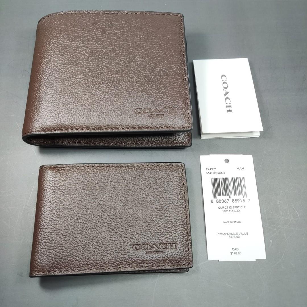 Ready Supp, New, Coach Compact Id Sport Calf Leather Mahogany Wallet,  •Nett, •Exclude Ongkir