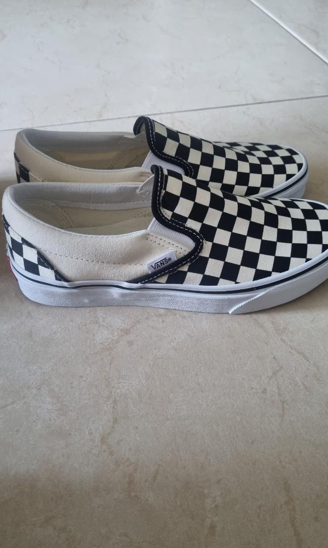 White and grey checkered slip on vans sales