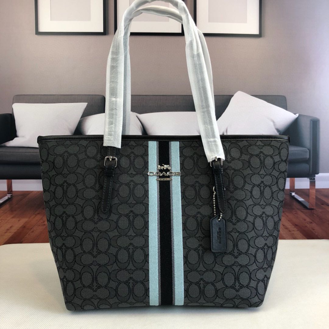 ZIP TOP TOTE IN SIGNATURE JACQUARD WITH STRIPE (COACH F39043), Women's