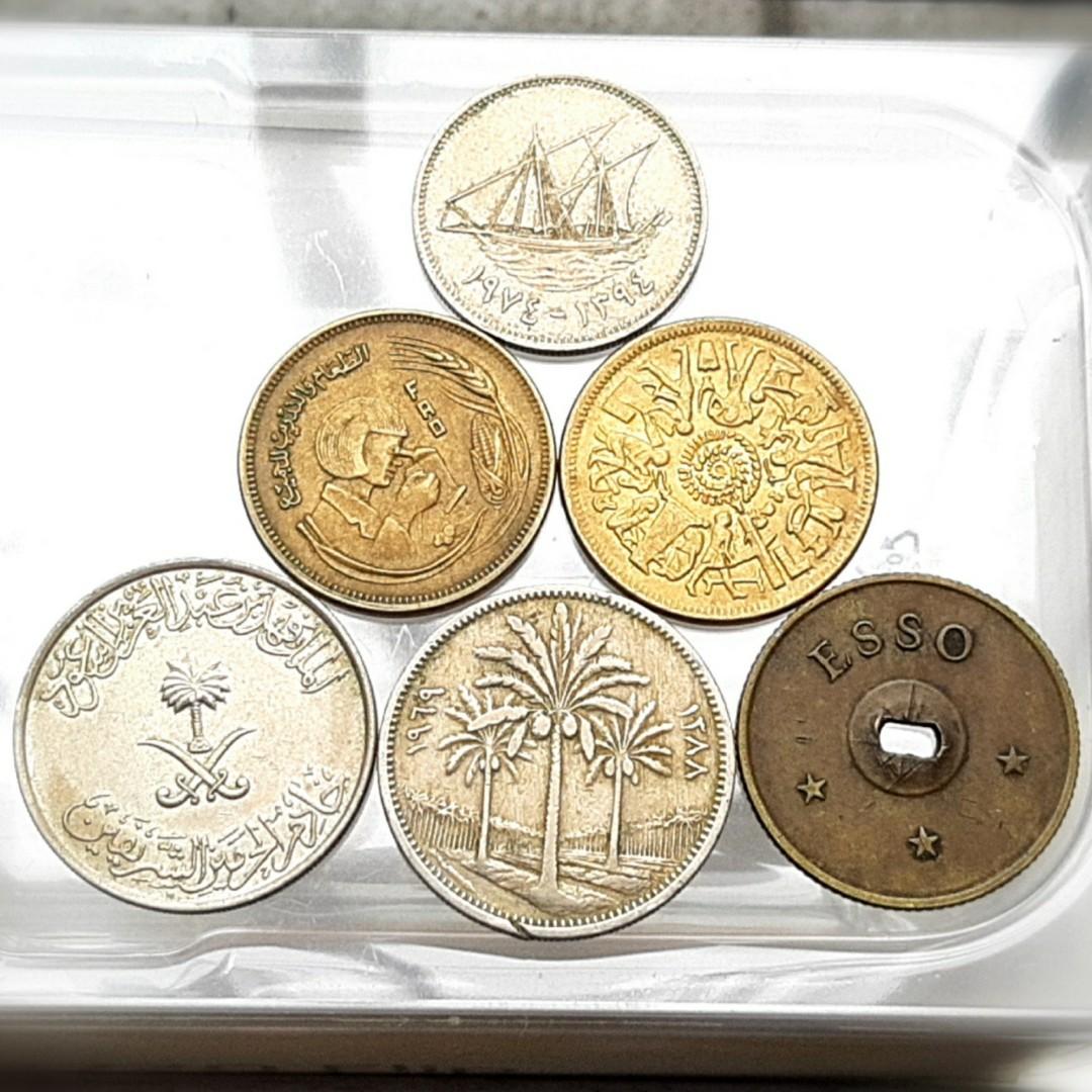 五個硬幣一個代幣6pcs Kuwait 科威特1961年50 Fils 第納爾| Egypt 埃及1977年1978年10 Milliemes  米利姆Pound 鎊x2pcs 有原光| Iraq 伊拉克50 Fils 第納爾