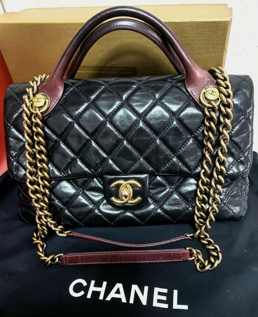 CHANEL Dark Beige Quilted Leather Castle Rock Bowling Bag
