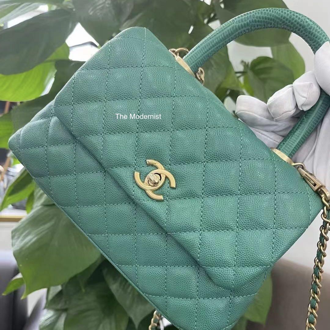 Authentic Chanel Small Coco Handle Emerald Green Lizard Embossed Leather
