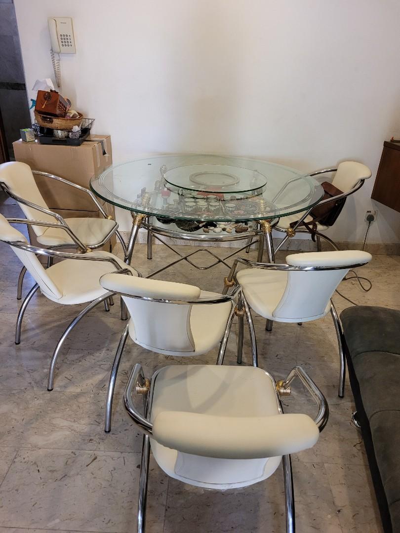 Circular glass dining table set with 6 Cushion Chairs, Furniture & Home