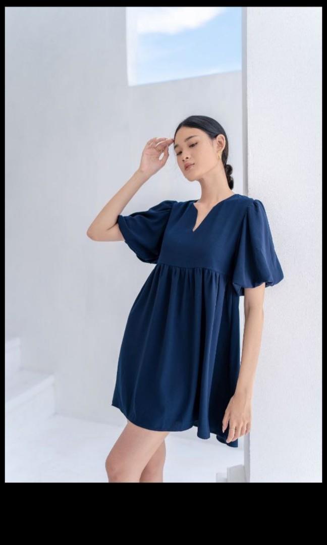puff sleeve babydoll dress navy blue 