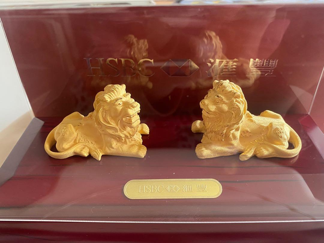 Hsbc 匯豐24k gold plated 2-lion set 金獅子擺設, 其他, 其他