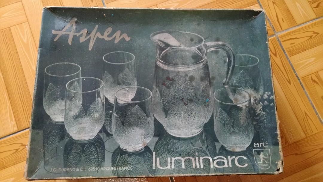 Luminarc Aspen 7 piece Pitcher and Drinking Glass Set (Category: Pitchers & Dispensers) located in Quezon City. Submitted by jetsetterslair (Listing ID 1133923751, Image 1). Description: Luminarc Aspen 7 piece Pitcher and Drinking Glass Set Includes: 1-1.3L Pitcher 6-330ml Drinking Glass Brand new, unused, damaged box and dirty due to storage Payment via BDO, BPI or GCash Shipping c/o buyer.