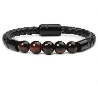 Men Basic Tiger Eyes Stone Beads Rock Leather Bracelet - Golden Red & Black