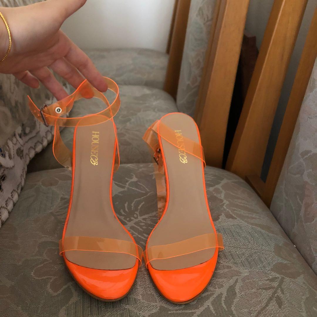 Neon Orange Jelly Transparent Strap Women Heels Stiletto Bye2021