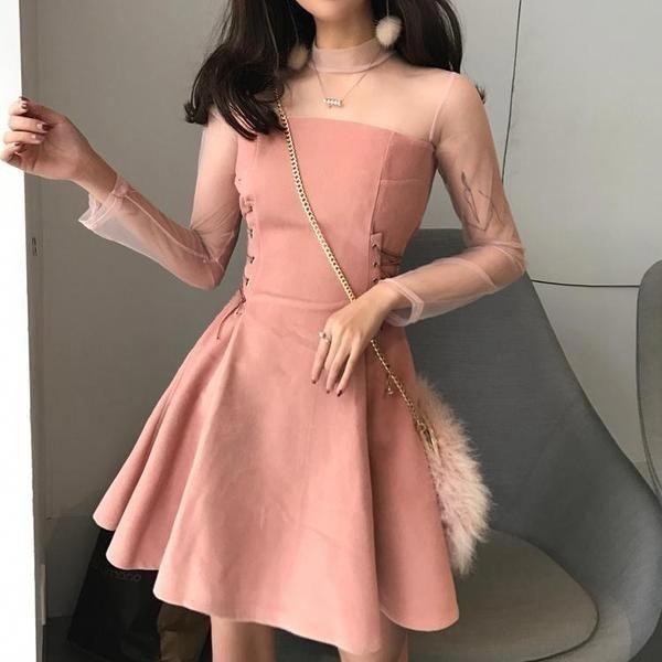 Pink Soft Suede Both Sides Lace Up Mesh Transparent Shoulders Long