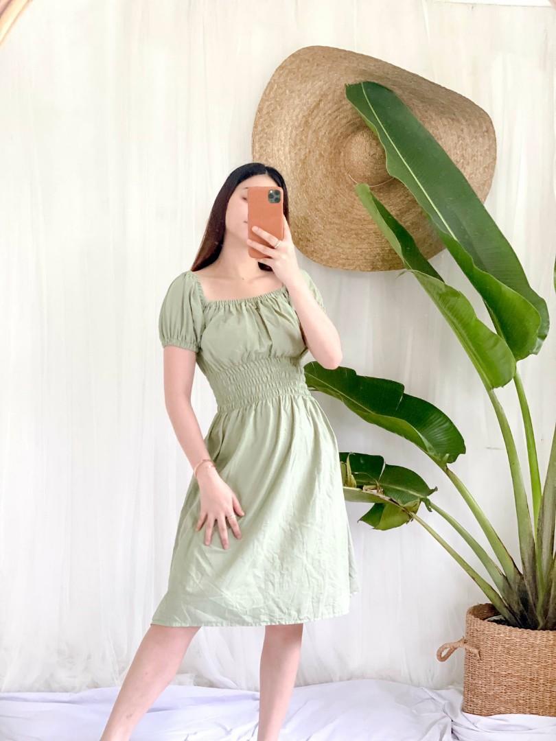 Plain sage green puff sleeves korean summer linen midi off shoulder smocked  dress, Women's Fashion, Dresses u0026 Sets, Dresses on Carousell