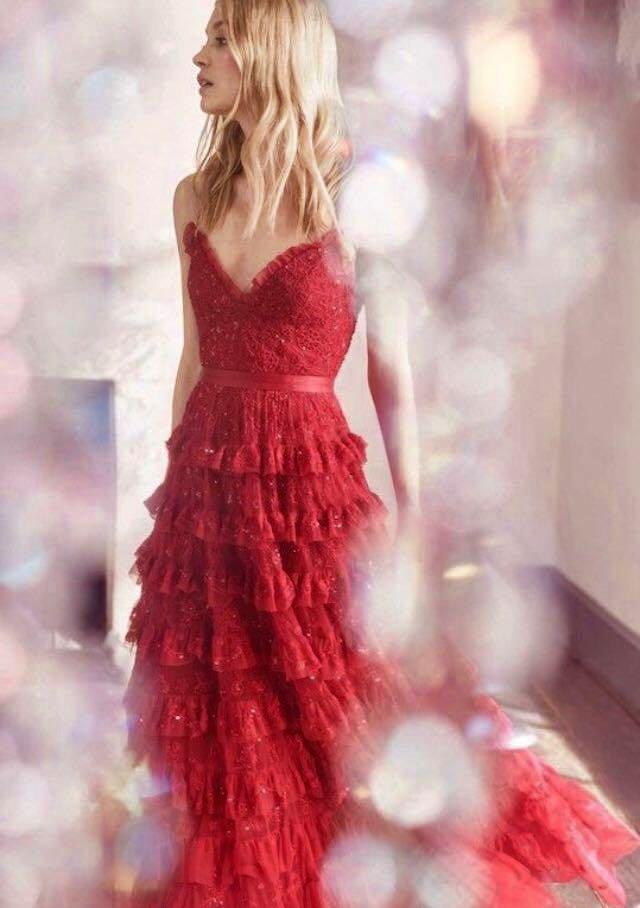 Rent Needle Thread Bridal Marie Gown in Red Embellished Embroidered Ruffled Tiered Evening Dress Wedding Dress
