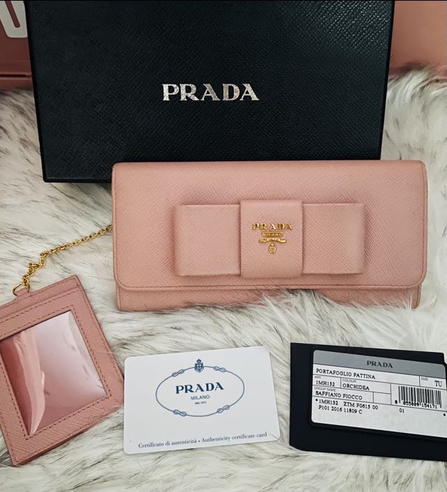 AUTH PRADA SAFFIANO FLAP BOW LOGO LEATHER LONG WALLET PREOWNED PINK