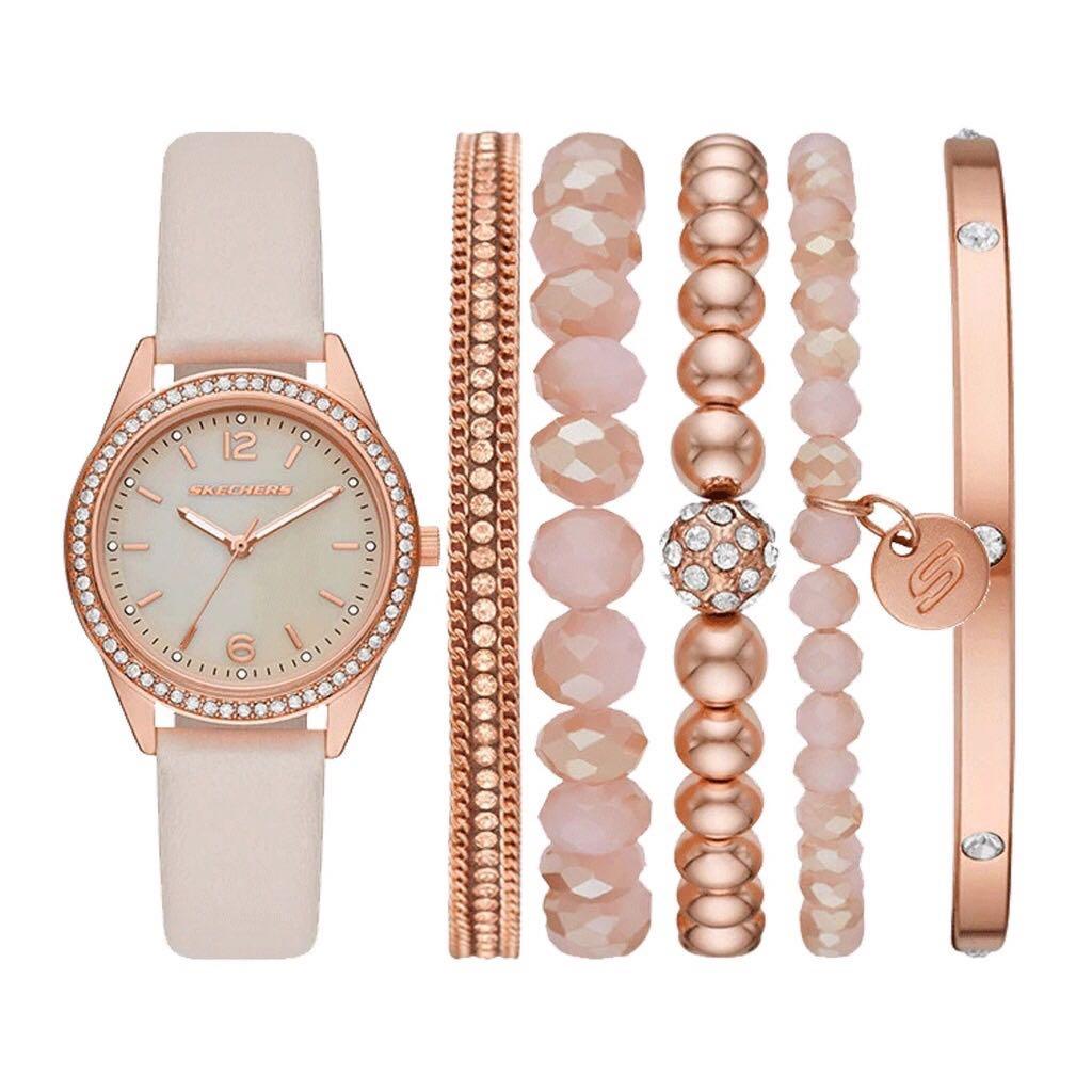 Skechers SR9064 Mother of Pearl Dial Pink Leather Watch Bracelets Gift Set Women s Fashion Watches Accessories Watches on Carousell