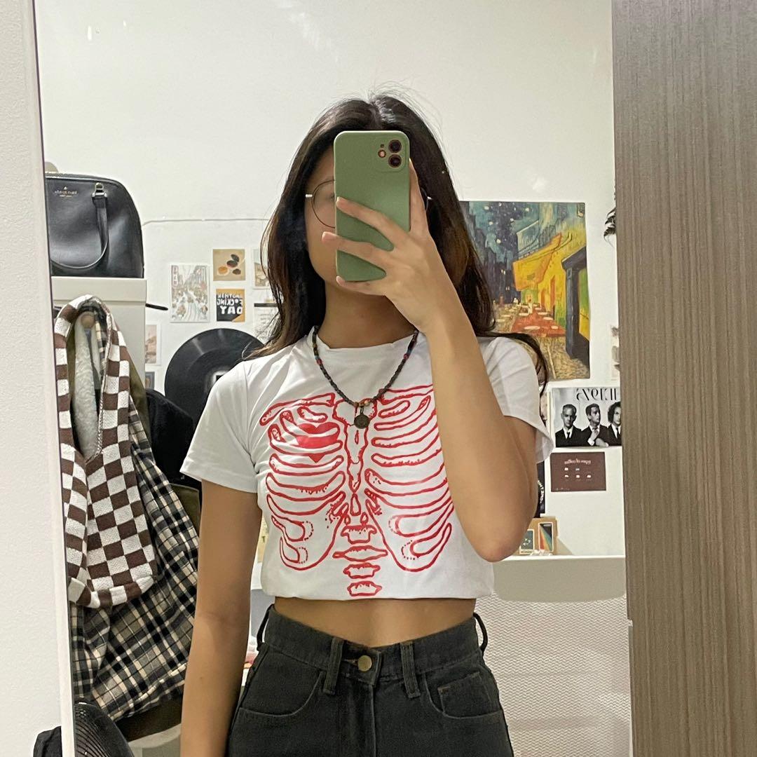 white graphic crop top