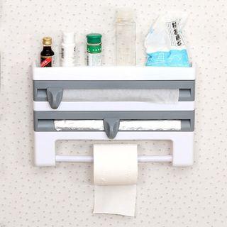 3 IN 1 Wall-Mount Paper Towel Holder Preservative Film Dispenser Aluminum  Foil Barbecue with Cutter Sauce Bottle Storage Rack