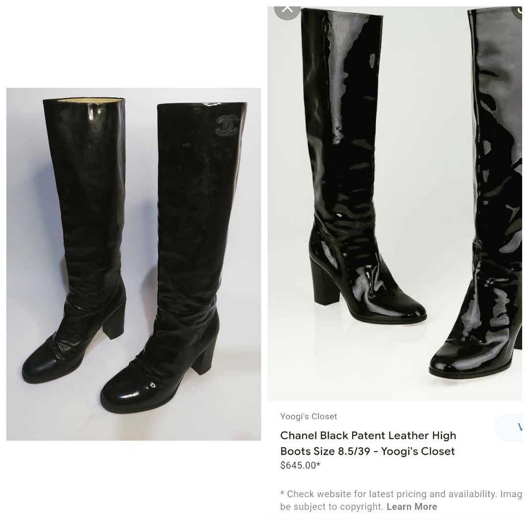CHANEL 19B Calfskin Leather Signature Logo Knee High Tall Boots Heels Blue  2150  eBay
