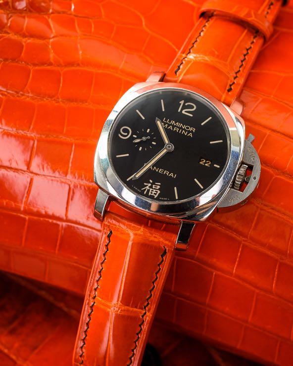 Handmade Handstitched Watch Strap In Orange Crocodile Leather For