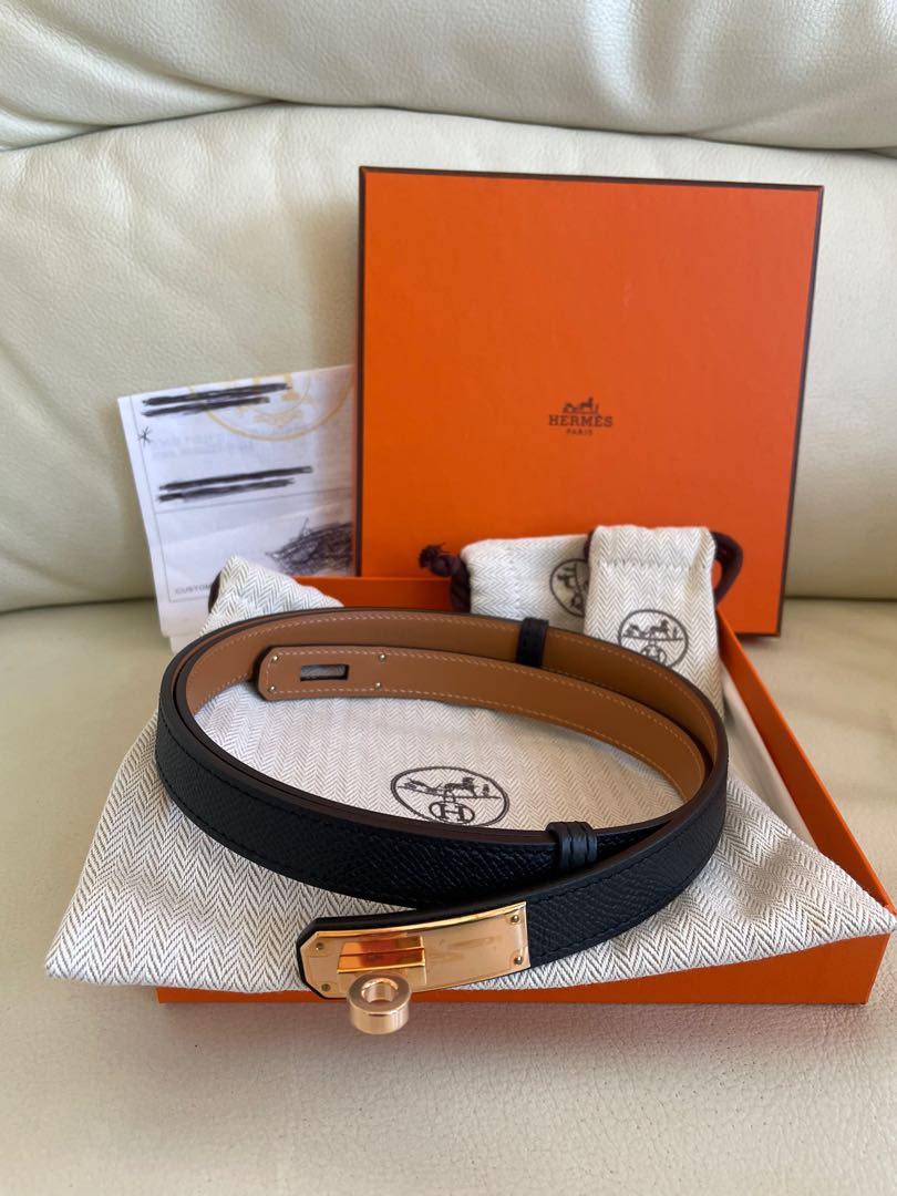 Hermes Kelly Belt, Black with Rose Gold Hardware, New in Box WA001