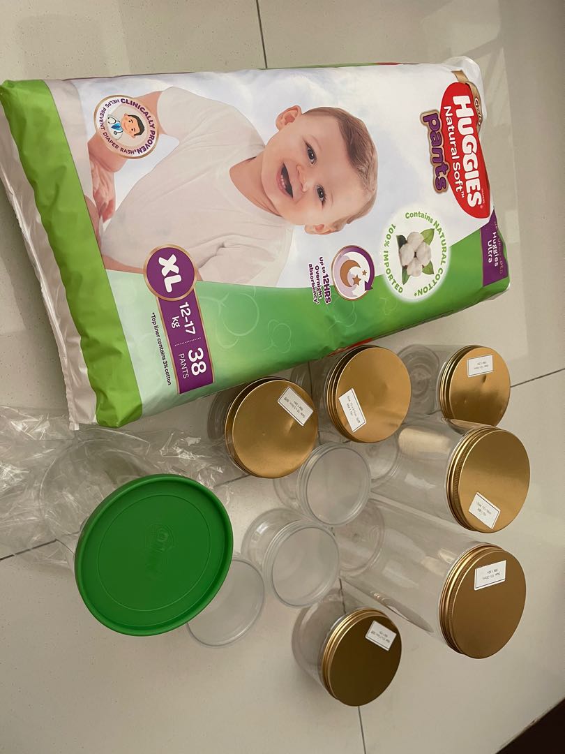 [SALES] Huggies pants Xl 38pcs Milo glass plastic containers, Babies