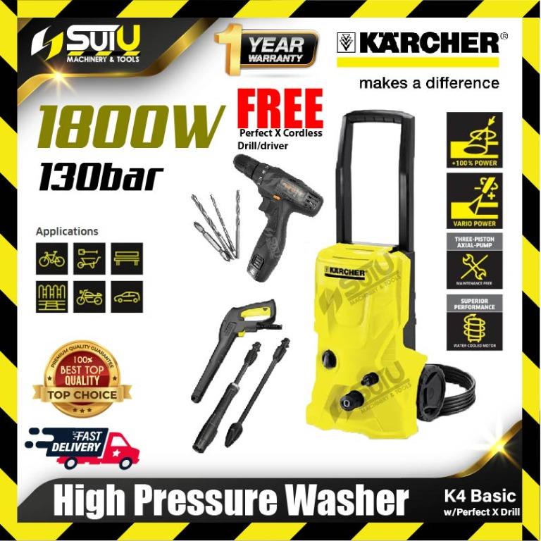 Karcher K4 Basic High Pressure Cleaner 130Bar (Package E) (Category: Cleaning) located in Kuala Lumpur. Submitted by suiumachinery88 (Listing ID 1104965713, Image 1). Description: ⭐️PRODUCT DESCRIPTION⭐️ The K4 Basic with water-cooled motor features a telescopic handle, a Quick Connect gun, a 6 m-long high-pressure hose and a water filter to protect the pump. The pressure in the Vario Power spray pipe (VPS) can be adjusted simply by twisting it, 