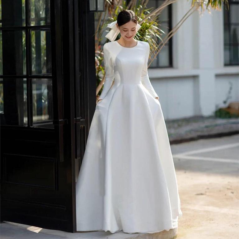 pre order white satin long sleeve fishtail wedding bridal prom dress gown RB2397